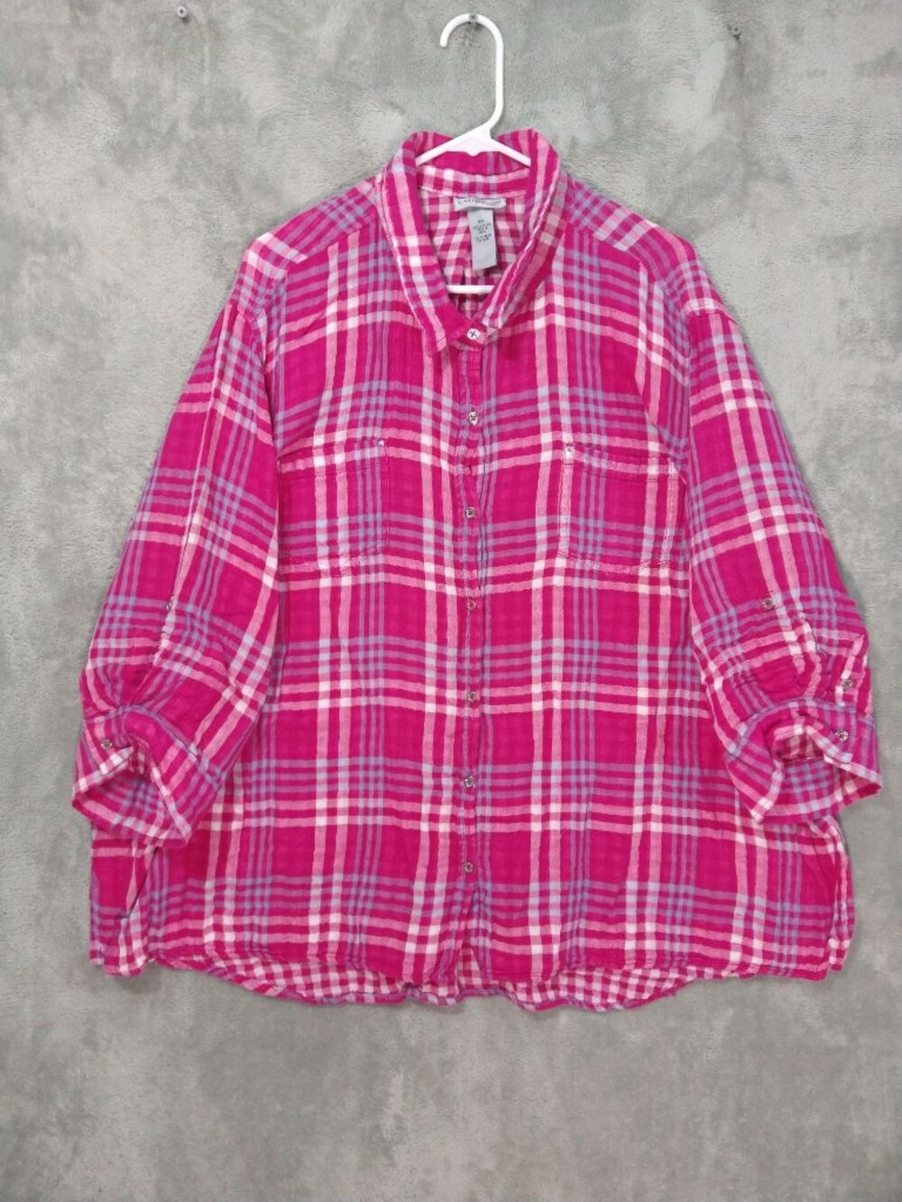 Catherines Shirt Top Womens 4X Plus Pink Plaid Flannel Short Sleeve Button Up